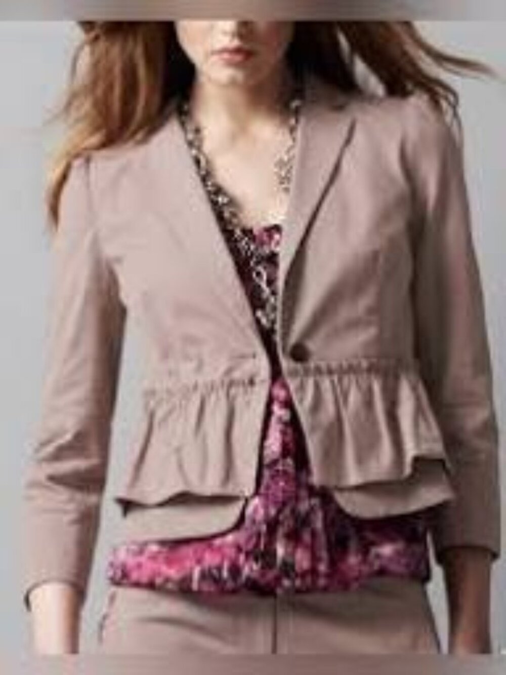 Ann Taylor Loft Women's Tan Peplum One Button Bracelet Sleeve Blazer Jacket 8P
